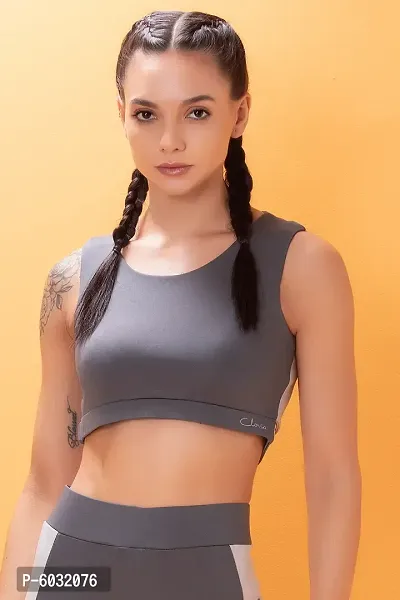 Clovia Stylish Polyester Sleeveless Noodle Strap Grey Solid Sports Crop Top With Back Cut-Out