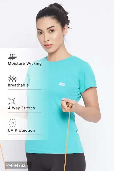 Clovia Stylish Turquoise Polyester Solid Sports Tee For Women