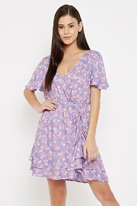 Clovia Trendy Purple Rayon Floral Printed Beachwear Short Dress For Women-thumb1