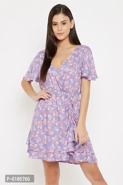 Clovia Trendy Purple Rayon Floral Printed Beachwear Short Dress For Women-thumb2