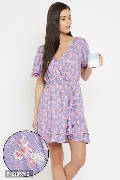Clovia Trendy Purple Rayon Floral Printed Beachwear Short Dress For Women-thumb0