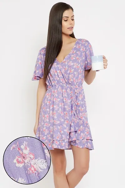 Clovia Trendy Purple Rayon Floral Printed Beachwear Short Dress For Women