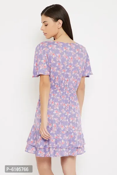 Clovia Trendy Purple Rayon Floral Printed Beachwear Short Dress For Women-thumb5