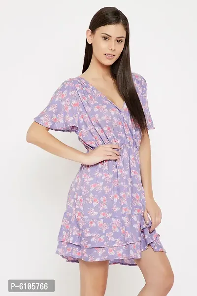 Clovia Trendy Purple Rayon Floral Printed Beachwear Short Dress For Women-thumb4
