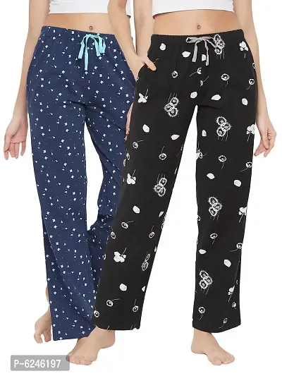 Stylish Cotton Navy Blue and  Black Printed Lounge Wear Pajama For Women- Pack Of 2