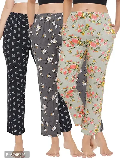 Stylish Rayon Grey and  Black and Light Green Floral Print Lounge Wear Pajama For Women- Pack Of 3