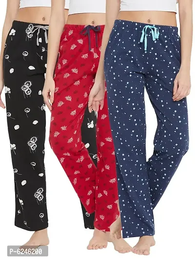 Stylish Cotton Navy Blue and  Black and Red Printed Lounge Wear Pajama For Women- Pack Of 3