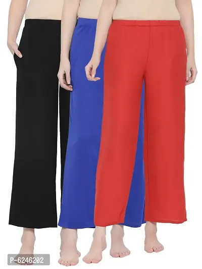 Stylish Crepe Royal Blue and Black and Red Solid Lounge Wear Pajama For Women- Pack Of 3