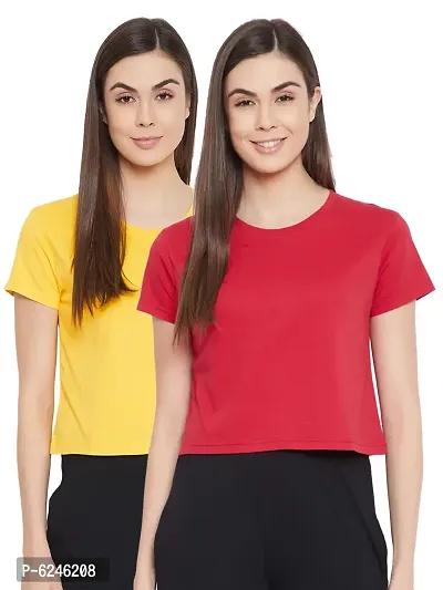 Stylish Crepe Multicoloured Solid Round Neck Half Sleeves Lounge Crop Top For Women- Pack Of 2-thumb0