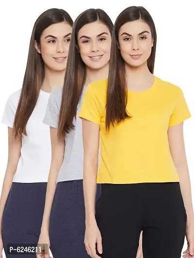 Stylish Crepe Multicoloured Solid Round Neck Half Sleeves Lounge Crop Top For Women- Pack Of 3