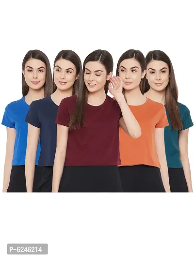 Stylish Crepe Multicoloured Solid Round Neck Half Sleeves Lounge Crop Top For Women- Pack Of 5