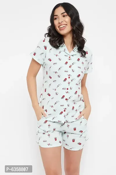 Clovia Cotton Ice Cream Printed Button Top With Short Set-thumb2