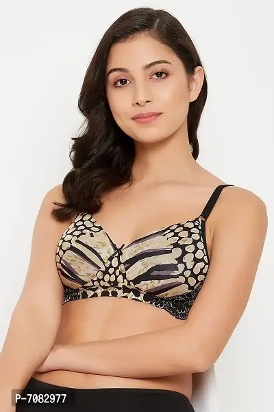 Clovia Padded Non-Wired Full Cup Printed T-shirt Bra in Beige