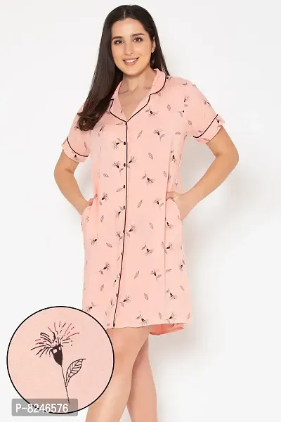 Clovia Stylish Fancy Rayon Pretty Florals Button Me Up Short Night Dress In Peach Colour - Rayon-thumb0