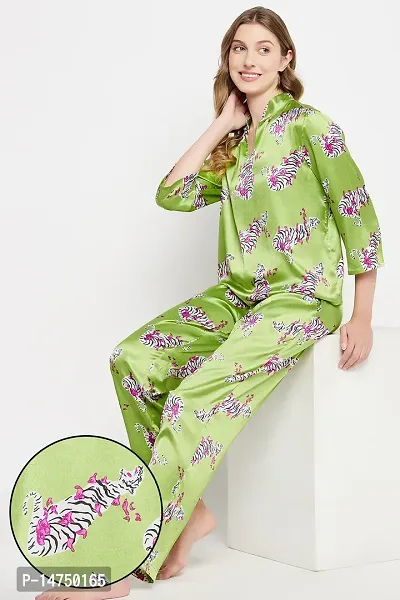 Stylish Satin Geometric Print Green Top And Pajama Set For Women