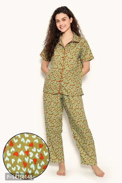 Stylish rayon Graphic Print Green Night Wear Shirt With Pajama Set For Women