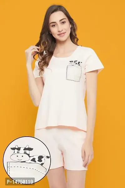 Stylish Cotton Geometric Print Peach Top And Shorts For Women