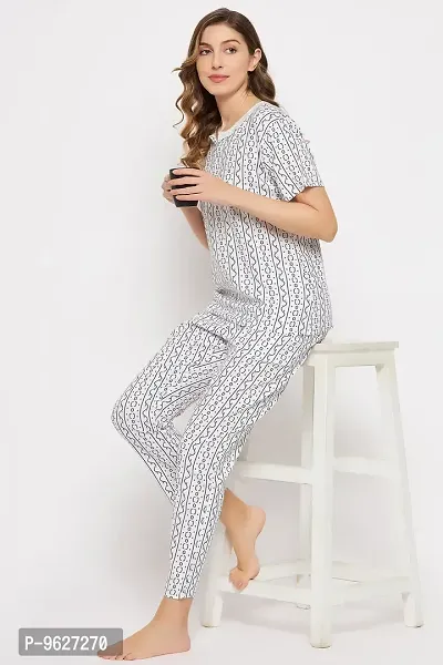 Clovia Geometric Print Top pyjama Set in White Cotton