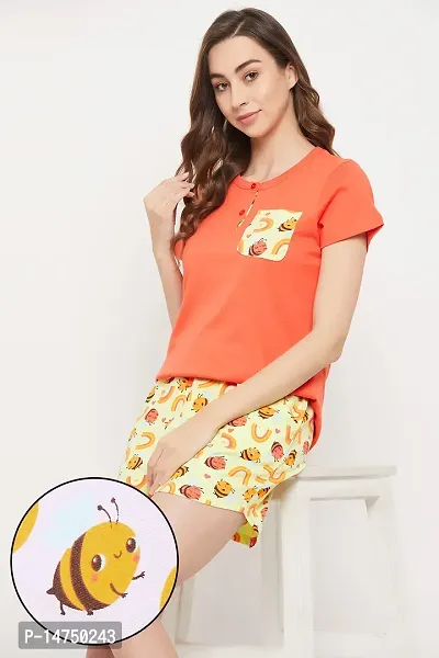 Stylish Cotton Graphic Print Orange Top And Shorts For Women-thumb0