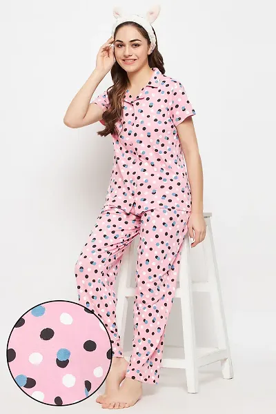 Clovia Cotton Printed Night Suit For Women/Shirt Pajama Set