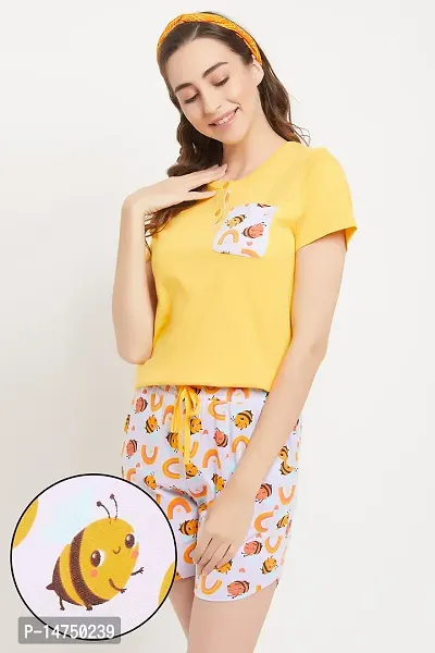 Stylish Cotton Graphic Print Yellow Top And Shorts For Women