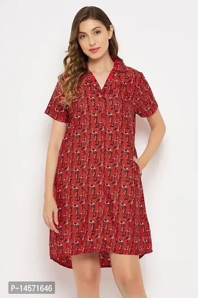 Elegant Red Crepe Printed Nightdress For Women