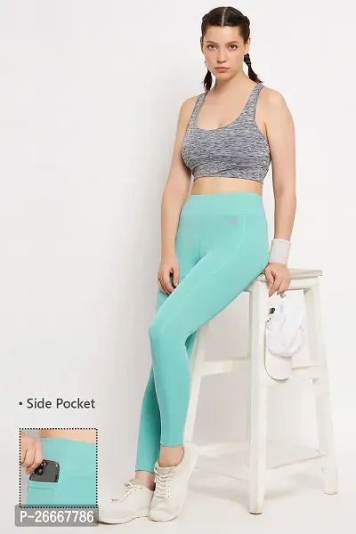 Stylish High Rise Printed Active Tights in Mint Green with Side Pocket