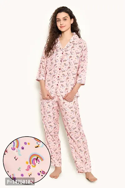 Stylish Rayon Geometric Print Pink Shirt And Pajama Set For Women