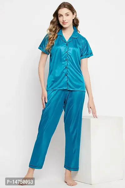 Stylish Crepe Solid Teal Blue Shirt And Pajama Set For Women-thumb0