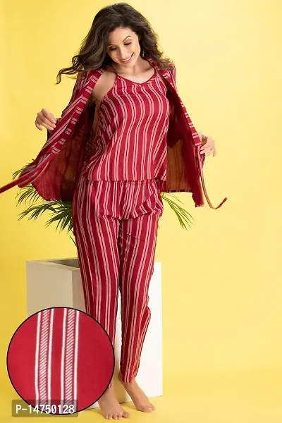 Stylish Rayon Stripes Red 3 pc, Top With Pajama And Robe Set For Women