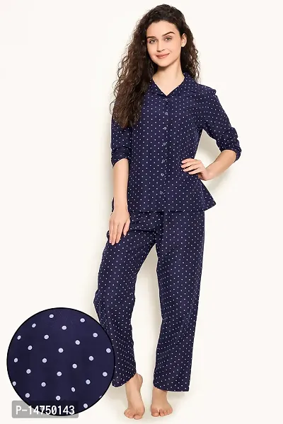 Stylish rayon Polka Dot Navy Blue Night Wear Shirt With Pajama Set For Women