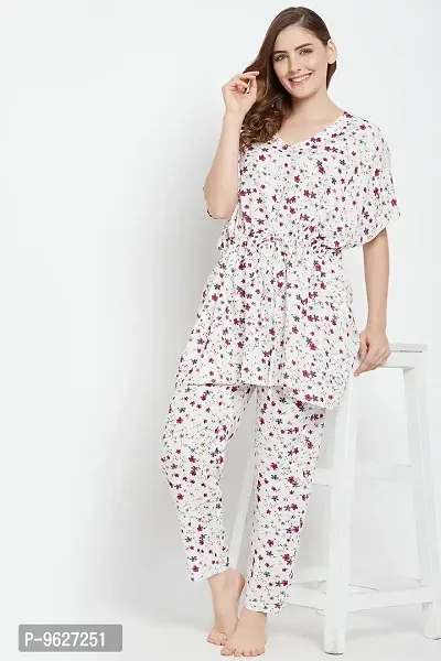Clovia Pretty Florals Kaftan Top Pyjama Set in White Rayon