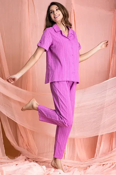 Clovia Classic Sassy Stripes Button Down Shirt and Pyjama