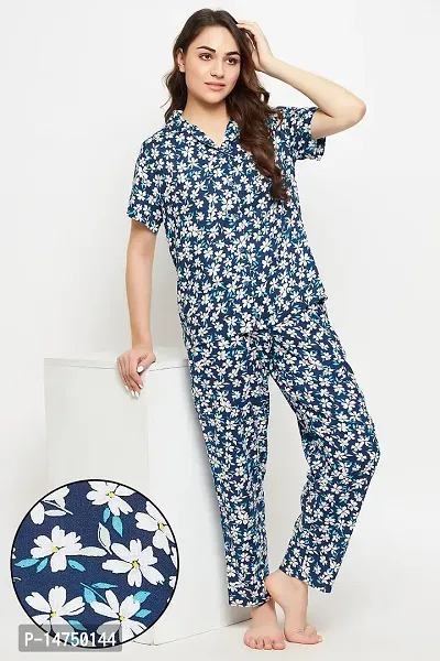 Stylish Rayon Geometric Print Teal Blue Night Wear Shirt With Pajama Set For Women-thumb0