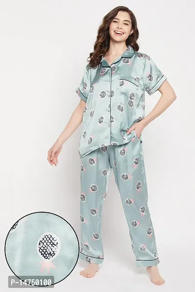 Stylish Rayon Geometric Print Pista Green Shirt And Pajama Set For Women