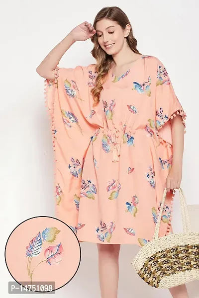 Crepe Peach Floral Print Knee Length Short Sleeve V-Neck Kaftan Dress For Women-thumb0