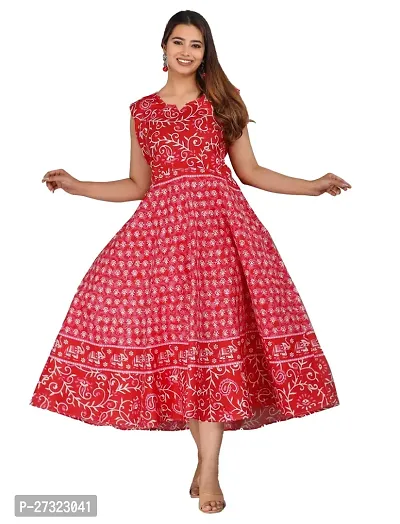 Stylish Red Khadi Cotton Abstract Print Dress For Women-thumb0