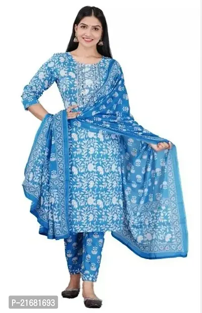 Stylish Blue Cotton Kurta, Bottom and Dupatta Set For Women-thumb0