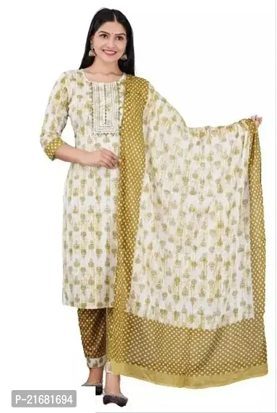 Stylish Green Cotton Kurta, Bottom and Dupatta Set For Women-thumb0