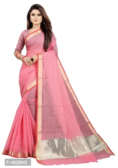 Stylish Kota Doriya Cotton Pink Zari Border Saree With Blouse Piece-thumb0