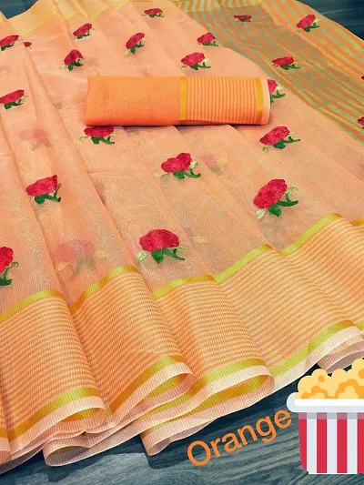 Libaas Floral Embroidered Golden Striped Border Cotton Blend Sarees With Blouse Piece