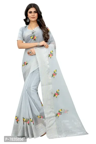 Stylish Grey Cotton Kota Doria Embroidered Women Saree with Blouse piece