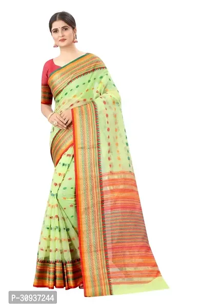 Stylish Green Cotton Printed Saree with Blouse piece For Women-thumb0