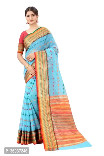 Stylish Blue Cotton Printed Saree with Blouse piece For Women