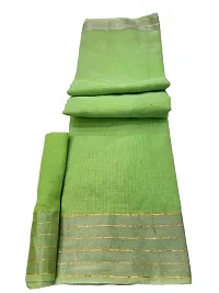 Trendy Linen Blend Green Saree With Blouse Piece For Women-thumb1