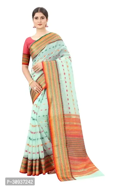 Stylish Green Cotton Printed Saree with Blouse piece For Women