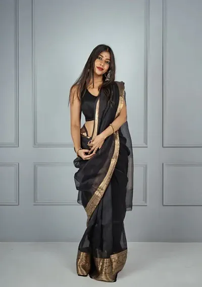 Designer Organza Zari Woven Border Sarees with Blouse Piece