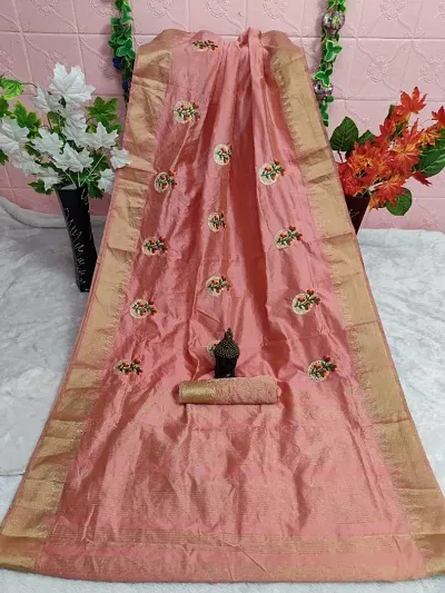 Assam Cotton Silk Golden Border Thread Embroidered Saree With Blouse Piece