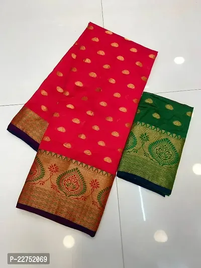 Soft Litchi Silk Jacquard Butta Weaving Sarees with Blouse Piece and Chit Pallu-thumb0