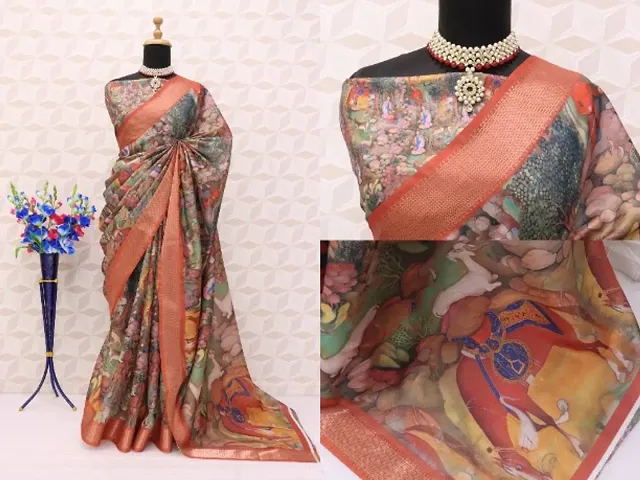 Dola Silk Digital Print Zari Border Sarees with Blouse Piece